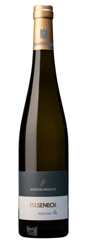 Produktfoto: Hochwertige Schlegelflasche mit goldenem Etikett und schwarzem Schriftzug. Aufschrift: Felseneck Riesling GG.