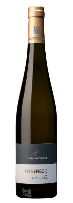 Produktfoto: Hochwertige Schlegelflasche mit goldenem Verschluss, Etikett mit Aufschrift “Sch&auml;fer-Fr&ouml;hlich Felseneck Riesling GG“.