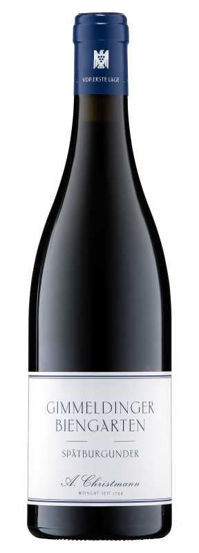 Produktfoto: Hochwertige Burgunderflasche mit blauem Verschluss und Etikett mit der Aufschrift 'Gimmeldinger Biengarten Spätburgunder'.