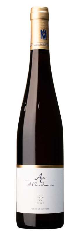 Produktfoto: Hochwertige Schlegelflasche mit goldenem Verschluss und Etikett von A. Christmann, IDIG GG, Pfalz, Weingut seit 1798.