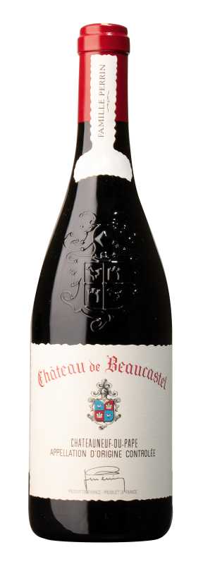 Produktfoto: Flasche Rotwein mit Etikett 'Château de Beaucastel', Châteauneuf-du-Pape, Appellation d'Origine Contrôlée.