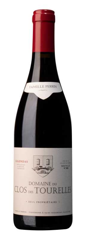 Produktfoto: Flasche Domaine du Clos des Tourelles, Gigondas, mit rotem Kapselverschluss und Etikett der Famille Perrin.