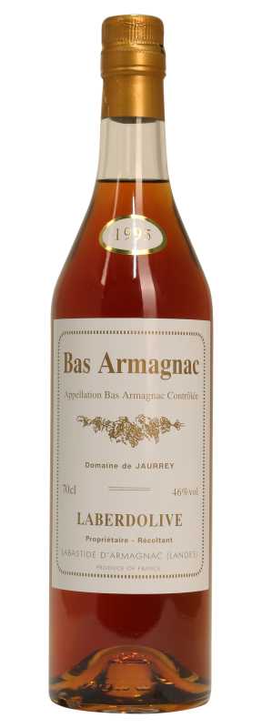 Produktfoto: Flasche Bas Armagnac Laberdolive 1995, 70cl, 46% vol, goldener Verschluss, Etikett mit Details zur Herkunft.