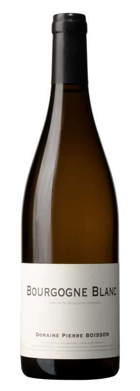 Produktfoto: Flasche Burgunderwein mit Etikett 'Bourgogne Blanc', Domaine Pierre Boisson. Weißes Etikett, schwarze Kapsel.