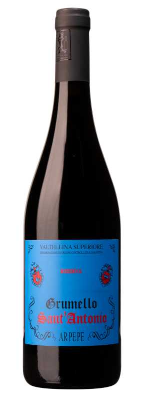 Produktfoto: Flasche Rotwein mit blauem Etikett, Aufschrift “Grumello Sant'Antonio“, schwarzer Verschluss.