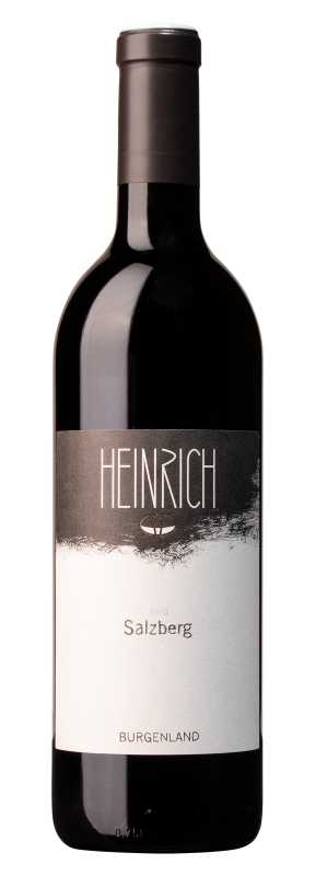 Produktfoto: Hochwertige Weinflasche mit schwarzem Etikett und der Aufschrift 'Heinrich Ried Salzberg Burgenland'.