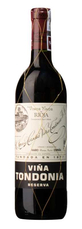 Produktfoto: Flasche Viña Tondonia Reserva Rotwein mit Etikett und goldener Drahtverzierung.