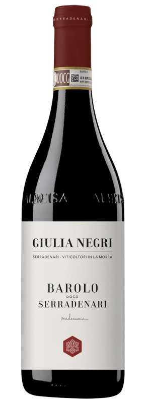 Produktfoto: Eine Weinflasche mit rotem Etikett und der Aufschrift 'Giulia Negri Barolo Serradenari'.