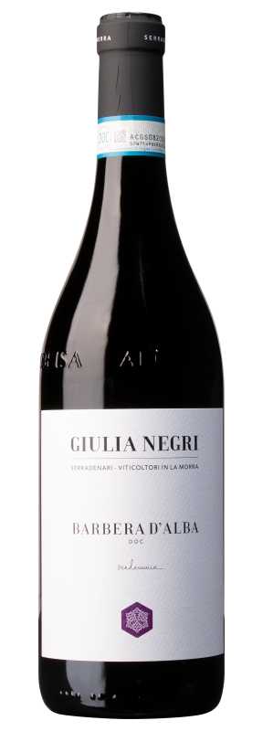 Produktfoto: Eine Flasche Rotwein 'Giulia Negri Barbera d'Alba DOC' mit schwarzem Etikett und blauer Banderole am Hals.