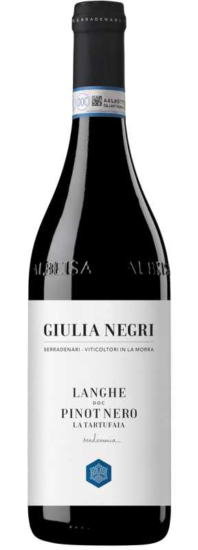 Produktfoto: Eine Weinflasche mit dem Etikett “Giulia Negri Langhe DOC Pinot Nero La Tartufaia“.