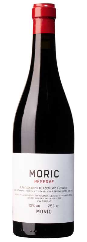 Produktfoto: Burgunderflasche mit roter Kapsel, weißem Etikett, Aufschrift: MORIC RESERVE, Blaufränkisch Burgenland Österreich, 13 Prozent Volumen, 750 Milliliter.