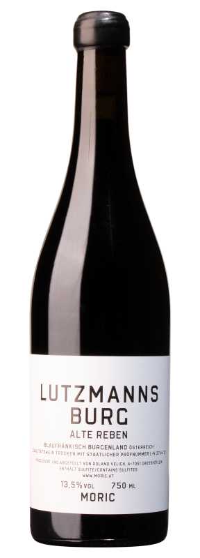 Produktfoto: Burgunderflasche, weißem Etikett, Aufschrift: Lutzmannsburg Alte Reben, Blaufränkisch Burgenland Österreich, 13,5 Prozent Volumen, 750 Milliliter, Moric.