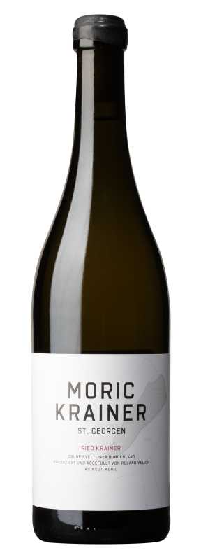 Produktfoto: Burgunderflasche mit schwarzer Wachskapsel, weißem Etikett, Text: MORIC KRAINER ST. GEORGEN RIED KRAINER GRÜNER VELTLINER BURGENLAND PRODUZIERT UND ABGEFÜLLT VON ROLAND VELICH WEINGUT MORIC. Flaschenformat: siebeneinhalb Deziliter.