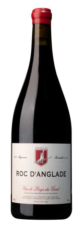 Produktfoto: Flasche Roc D'Anglade Rotwein, 1500 ml, mit rotem Wachssiegel und Etikett mit Text 'Vin de Pays du Gard'.