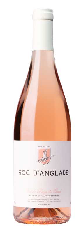 Produktfoto: Roséweinflasche mit weißem Etikett, Aufschrift “Roc d'Anglade“, Herkunftsbezeichnung “Vin de Pays du Gard“.
