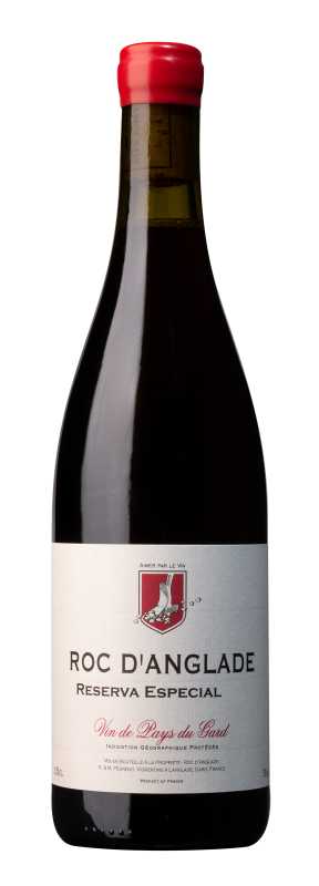 Produktfoto: Flasche mit rotem Verschluss, Etikett: ROC D'ANGLADE RESERVA ESPECIAL, Vin de Pays du Gard, 13% Vol, 750ml.