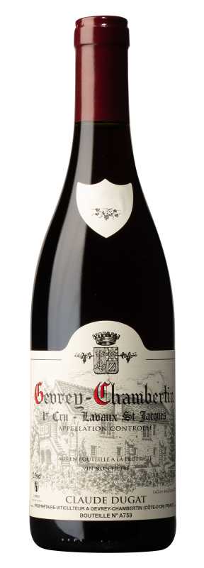 Produktfoto: Weinflasche mit Etikett von Gevrey-Chambertin 1er Cru, Claude Dugat.