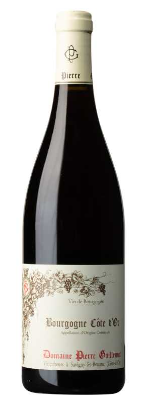 Produktfoto: Hochwertige Burgunderflasche mit Etikett 'Bourgogne Côte d'Or' und 'Domaine Pierre Guillemot'.