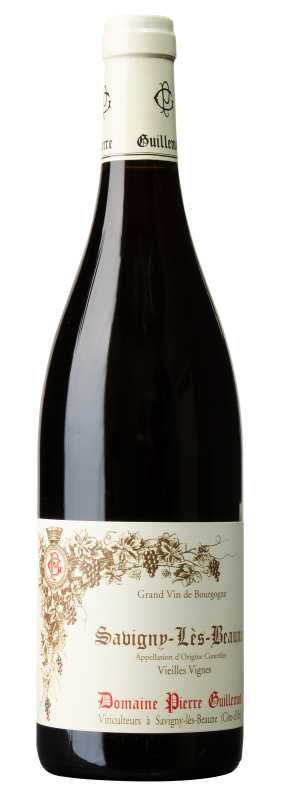 Produktfoto: Flasche eines Burgunderweins mit Etikettaufschrift Savigny-Lès-Beaune, Domaine Pierre Guillemot.