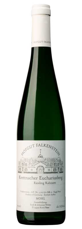 Produktfoto: Hochwertige Schlegelflasche mit Etikett "Hofgut Falkenstein Krettnacher Euchariusberg Riesling Kabinett".