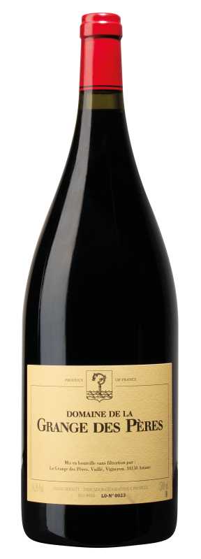 Produktfoto: Eine Burgunderflasche Domaine de la Grange des Pères mit rotem Verschluss und beigem Etikett.