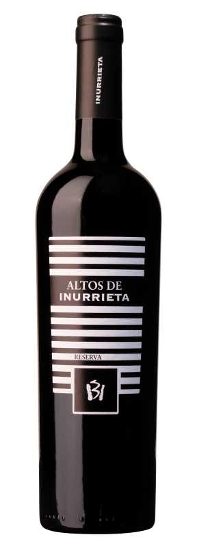 Produktfoto: Hochwertige Weinflasche Altos de Inurrieta Reserva mit schwarzem Etikett und weißen Streifen.