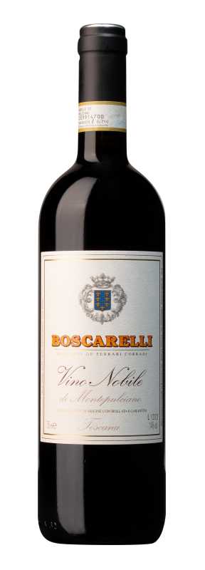 Produktfoto: Eine Weinflasche mit Etikett 'Boscarelli Vino Nobile di Montepulciano'. Schwarzer Flaschenkörper, weißes Etikett mit Wappen und goldener Schrift.