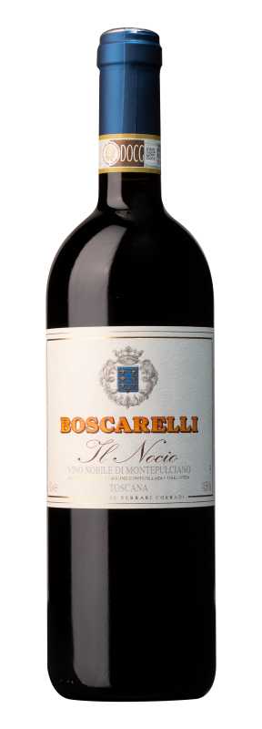 Produktfoto: Weinflasche mit Etikett 'Boscarelli Il Nocio', DOCG-Siegel, blauer Verschluss.