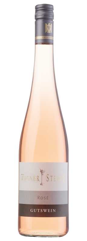 Produktfoto: Hochwertige Schlegelflasche mit rosa Wein, Etikett "Wagner Stempel Rosé Gutswein", schwarzer Schraubverschluss.