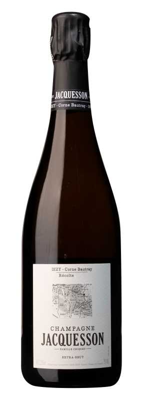 Produktfoto: Eine Flasche Jacquesson Extra-Brut Champagner mit schwarzer Kapsel und Etikett mit der Aufschrift DIZY - Corne Bautray Récolte. Enthält 750 ml. Alkoholgehalt 12,5%.