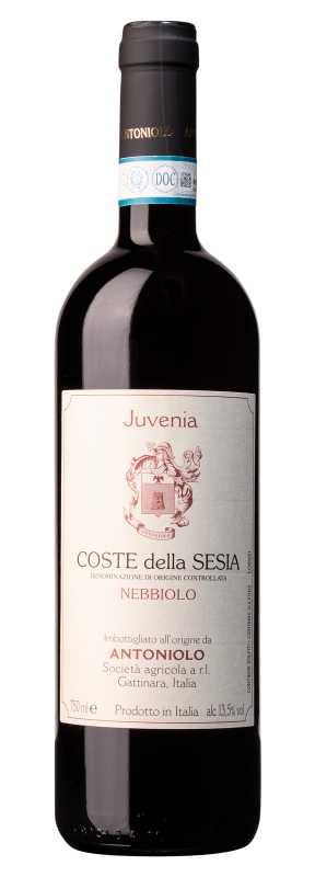 Produktfoto: Eine Flasche Rotwein mit dem Etikett “Juvenia Coste della Sesia Nebbiolo“ von Antoniolo.