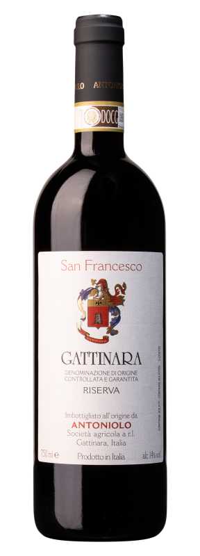 Produktfoto: Flasche Rotwein mit Etikett 'Gattinara Riserva' von Antoniolo, 750 ml, 14% Alkohol.