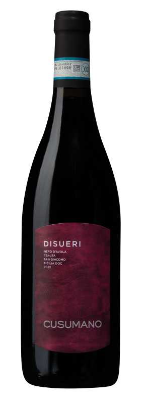 Produktfoto: Eine Weinflasche mit dem Etikett 'DISUERI Nero d'Avola Tenuta San Giacomo Sicilia DOC 2022' und dem Namen 'CUSUMANO'.