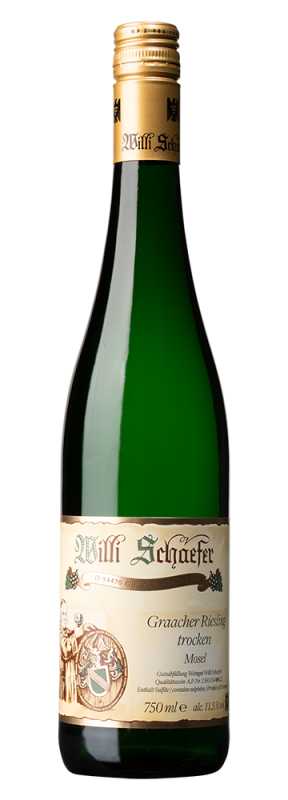 Produktfoto: Grüne Schlegelflasche mit Schraubverschluss, Etikett mit Schriftzug "Willi Schaefer" und "Graacher Riesling trocken".