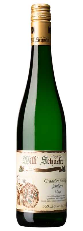 Produktfoto: Hochwertige Schlegelflasche mit goldenem Schraubverschluss und Etikett mit der Aufschrift “Graacher Riesling feinherb Mosel“.