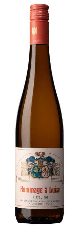 Produktfoto: Eine Weinflasche mit rotem Schraubverschluss und Etikett “Hommage à Luise Riesling“ von Dr. Bürklin-Wolf.