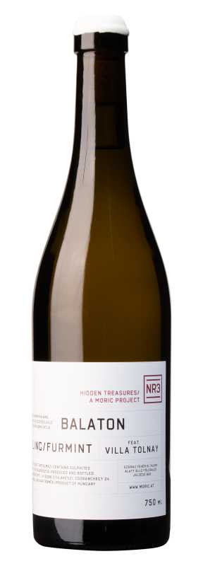 Produktfoto: Burgunder Flasche, weiße Kapsel, weißes Etikett mit Text: HIDDEN TREASURES / A MORIC PROJECT, NR3, BALATON, RIESLING / FURMINT, VILLA TOLNAY, 750 Milliliter. Flaschenform: Burgunder.