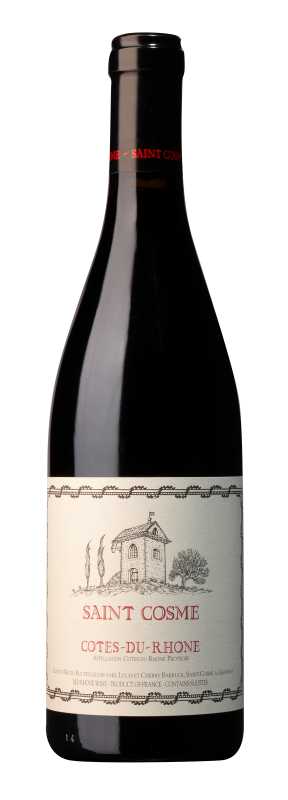 Produktfoto: Eine Weinflasche mit einem Etikett 'Saint Cosme Cotes-du-Rhone'. Das Etikett zeigt ein Haus und Bäume.