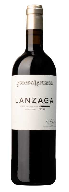 Produktfoto: Eine Weinflasche mit der Aufschrift “Bodega Lanzaga“ und “Lanzaga“. Die Flasche hat ein schlichtes Etikett und einen goldenen Hals.