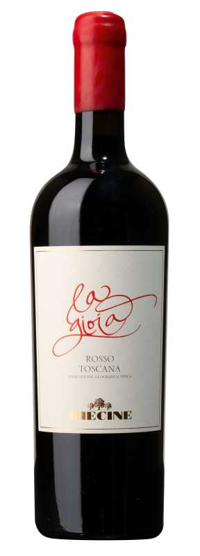 Produktfoto: Flasche Rotwein mit rotem Wachsverschluss, Etikett mit Schriftzug “la gioia“, Rosso Toscana, Indicatione Geografica Tipica.