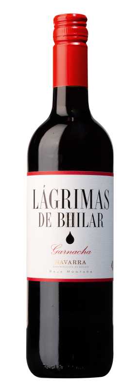 Produktfoto: Weinflasche mit rotem Verschluss, Etikett 'Lágrimas de Bhilar Garnacha'.