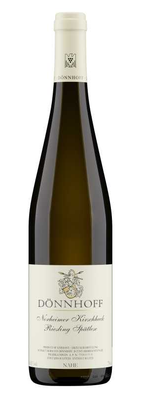 Produktfoto: Eine Weinflasche mit dem Etikett “Dönnhoff Norheimer Kirschheck Riesling Spätlese“. Enthält 12,5 % Alkohol.