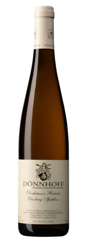 Produktfoto: Eine Weinflasche mit dem Etikett “Dönnhoff Oberhäuser Brücke Riesling Spätlese“. Der Wein stammt aus Deutschland.