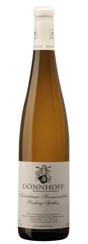 Produktfoto: Eine Flasche Dönnhoff Riesling Spätlese mit weißem Etikett und schwarzem Aufdruck. Herkunft: Deutschland.