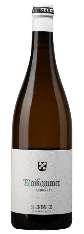 Produktfoto: Burgunderflasche mit weißer Kapsel, weißem Etikett mit schwarzem und grünem Text. Text: Maikammer Chardonnay, Seckinger, Ortswein - Pfalz.