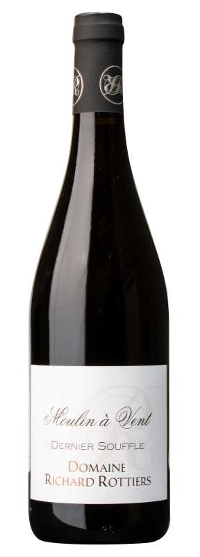 Produktfoto: Burgunderflasche, schwarze Kapsel mit silbernem Monogramm, weißes Etikett mit den Texten: Moulin à Vent, Dernier Souffle, Domaine Richard Rottiers. Flaschenformat: 0,75 Liter.