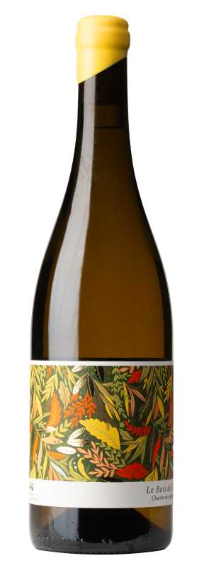 Produktfoto: Flasche mit gelbem Wachssiegel und farbenfrohem Etikett mit Blattmotiven und Text “Le Bois de...“.
