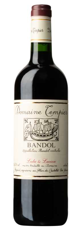 Produktfoto: Weinflasche Domaine Tempier Bandol mit Etikett und rotem Kapselverschluss.