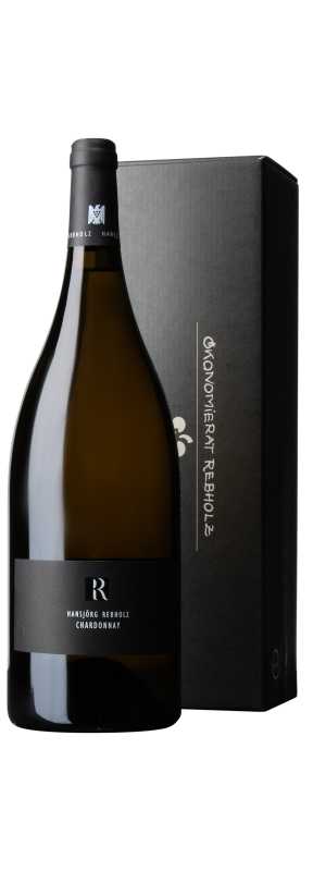 Produktfoto: Weinflasche Hansjörg Rebholz Chardonnay mit schwarzem Etikett und Geschenkbox.