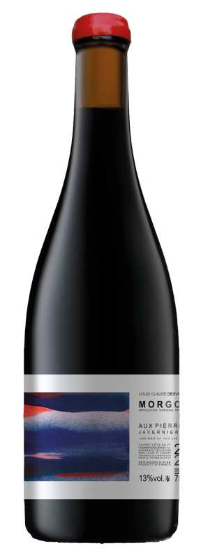 Produktfoto: Hochwertige Burgunderflasche mit rotem Verschluss und künstlerischem Etikett. Text “Morgon“ und Alkoholgehalt 13% vol.